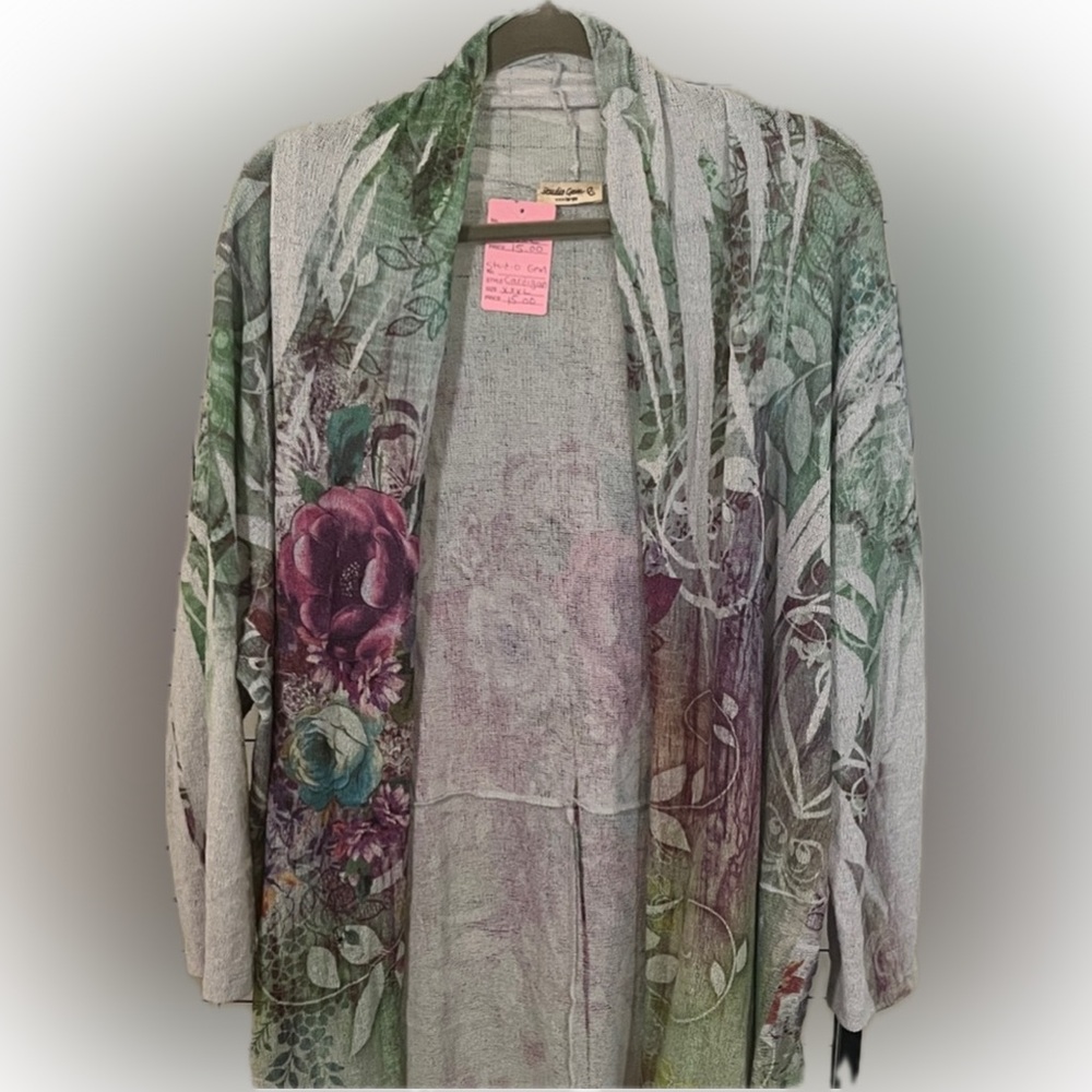 Floral Open Front Draped Cardigan XXL 3X Green Purple Lightweight